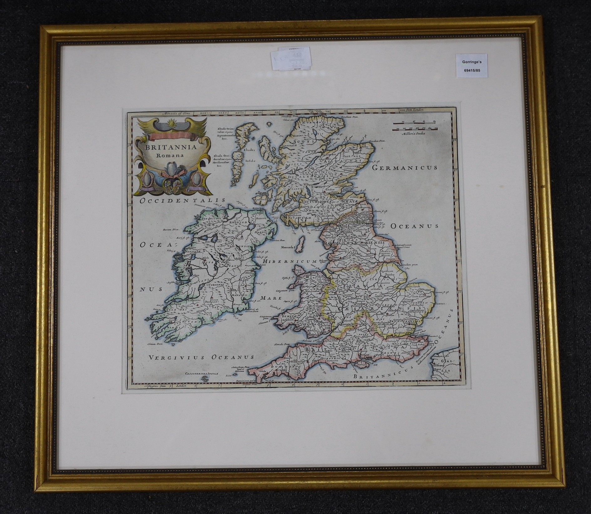 Robert Morden, coloured engraving, Map of Britannia Romana, 36 x 43cm